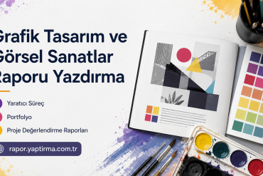 Grafik Tasarım ve Görsel Sanatlar Raporu Yazdırma - Rapor Yaptırma Merkezi Turkish banner promoting Grafik Tasarım ve Görsel Sanatlar Raporu Yazdırma, with color palettes and painting supplies on a splashy background.