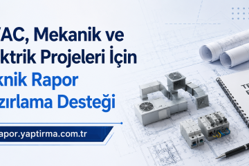Turkish banner advertising HVAC, mechanical and electrical project technical report preparation; blueprints and a notebook labeled TEKNİK RAPOR with a pen on the right side.