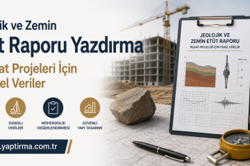 Construction-site banner promoting geological and soil survey report writing for construction projects, featuring a clipboard with charts and bold Turkish headlines.