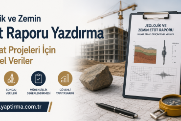 Jeolojik ve Zemin Etüt Raporu Yazdırma - Rapor Yaptırma Merkezi Construction-site banner promoting geological and soil survey report writing for construction projects, featuring a clipboard with charts and bold Turkish headlines.