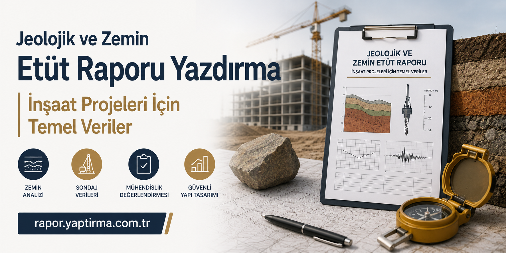 Construction-site banner promoting geological and soil survey report writing for construction projects, featuring a clipboard with charts and bold Turkish headlines.