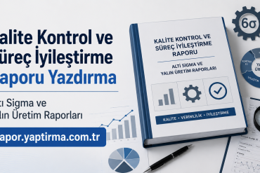 Kalite Kontrol ve Süreç İyileştirme Raporu başlıklı dosya masada, yanında grafikler ve bir büyüteç bulunuyor.