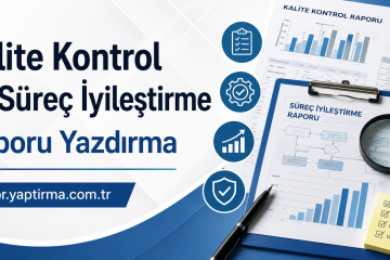 Turkish banner advertising Kalite Kontrol ve Süreç İyileştirme Raporu Yazdırma with charts, clipboard and magnifying glass