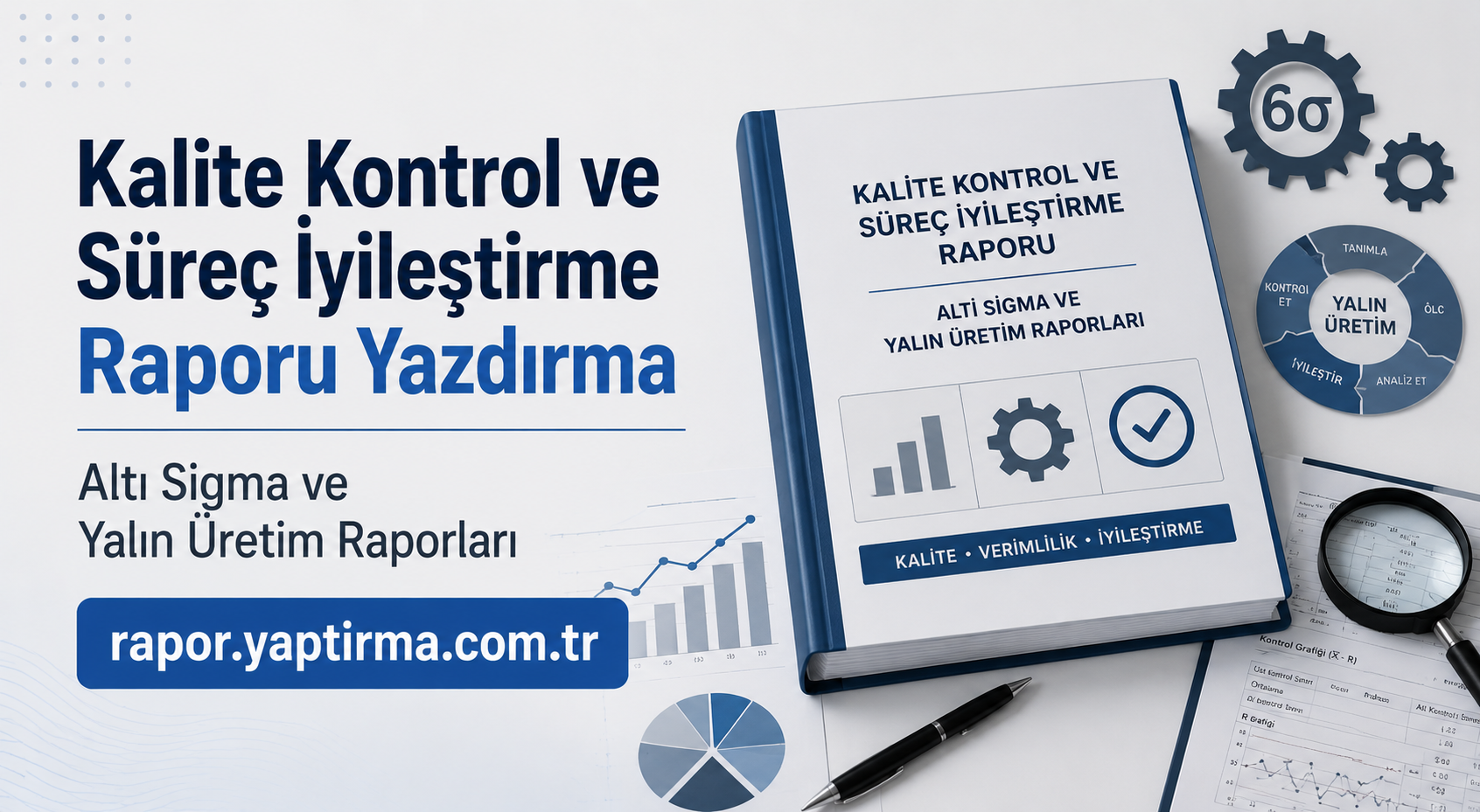 Kalite Kontrol ve Süreç İyileştirme Raporu başlıklı dosya masada, yanında grafikler ve bir büyüteç bulunuyor.