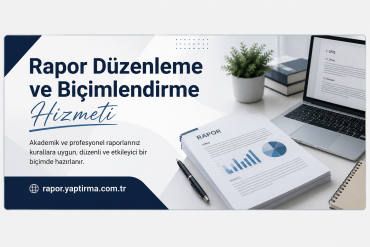 Rapor Düzenleme ve Biçimlendirme - Rapor Yaptırma Merkezi Rapor Düzenleme ve Biçimlendirme Hizmeti başlıklı ofis masası sahnesi: laptop, raporlar ve kalem. Koyu mavi tema ve bitişik dekorlarla profesyonel ad.