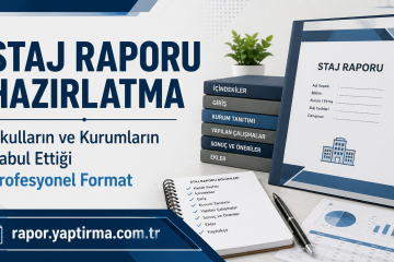 Turkish poster about preparing an internship report, with large text and a stack of books beside a binder labeled Staj Raporu.
