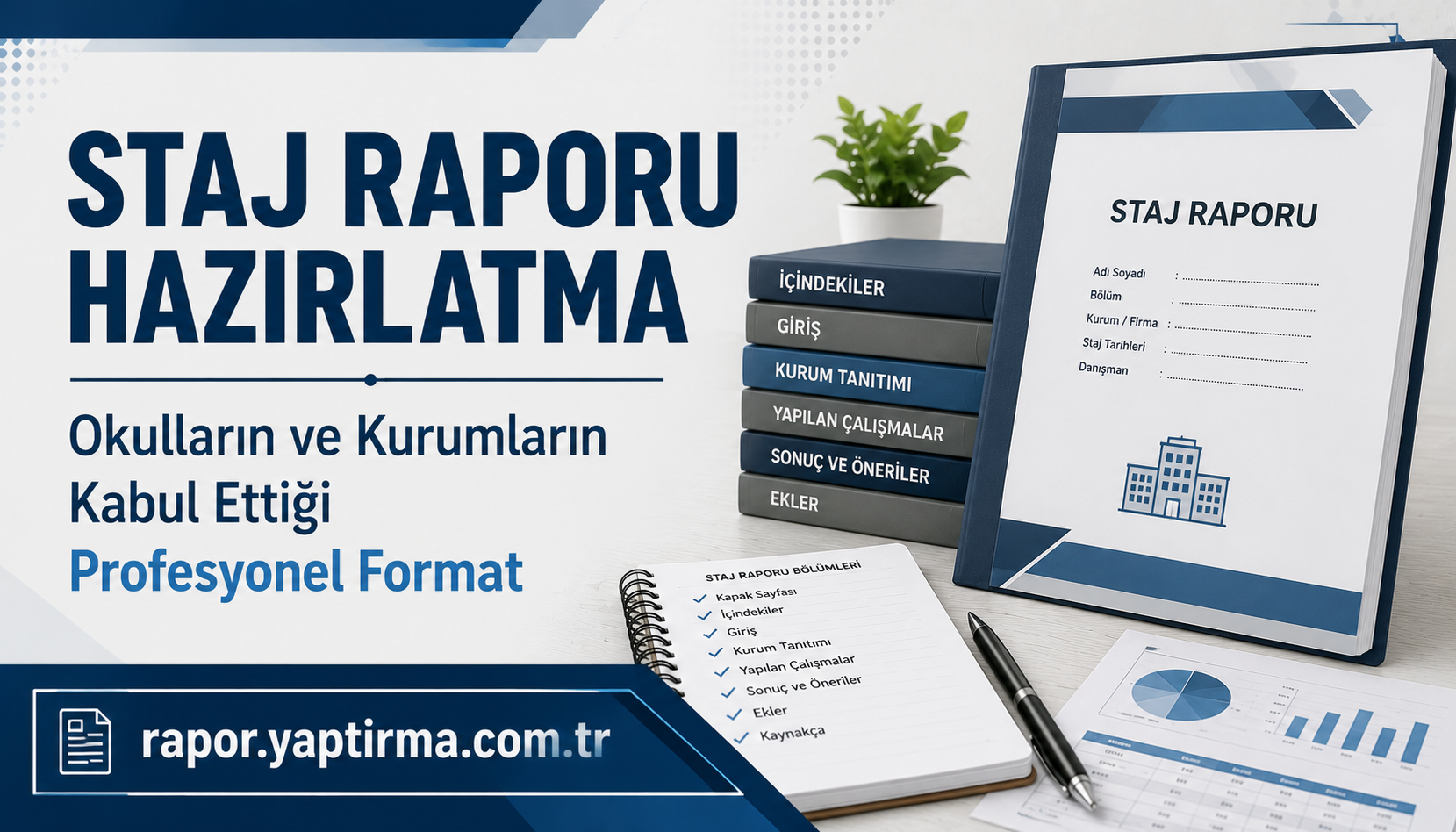 Staj Raporu Hazırlatma - Rapor Yaptırma Merkezi Turkish poster about preparing an internship report, with large text and a stack of books beside a binder labeled Staj Raporu.