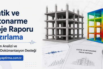Sol tarafta Türkçe başlık: Statik ve Betonarme Proje Raporu Hazırlama, proje görselleri ve deprem analizine ilişkin içerik içeren kapağın geniş açısı
