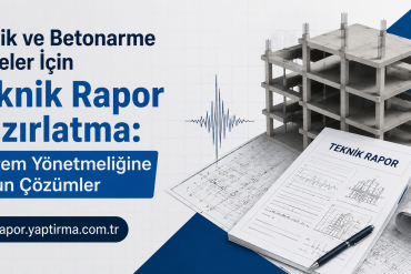 Statik ve Betonarme Projeler - Rapor Yaptırma Merkezi Turkish banner promoting technical report preparation for static and concrete projects, with blue title text and architectural plans on a blueprint background and a 3D concrete frame model.