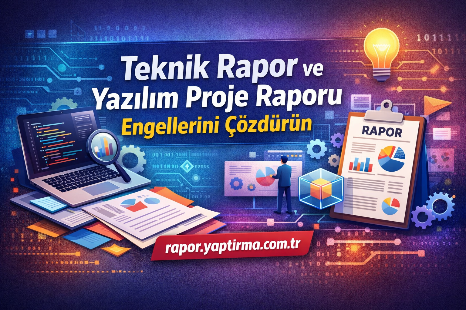 Teknik Rapor ve Yazılım Proje Raporu Engellerini Çözdürün - Rapor Yaptırma Merkezi Rapor ve analiz odaklı renkli reklam afişi; bilgisayar, grafikler ve rapor dosyalarıyla teknik raporlar vurgulanıyor, rapor.yaptirma.com.tr yazısı görünüyor.
