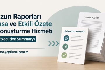Turkish ad banner for turning long reports into concise executive summaries, shown with stacked documents on the right.