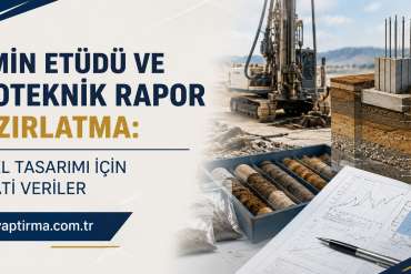 Zemin Etüdü - Rapor Yaptırma Merkezi Banner promoting Turkish geotechnical report; drilling rig, soil samples, and a soil profile diagram on the right, with headline text.