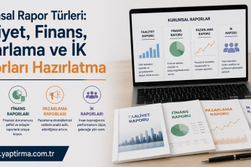 Turkish infographic about corporate report types: Faaliyet, Finans, Pazarlama and IK raporları with icons and a laptop on a desk.